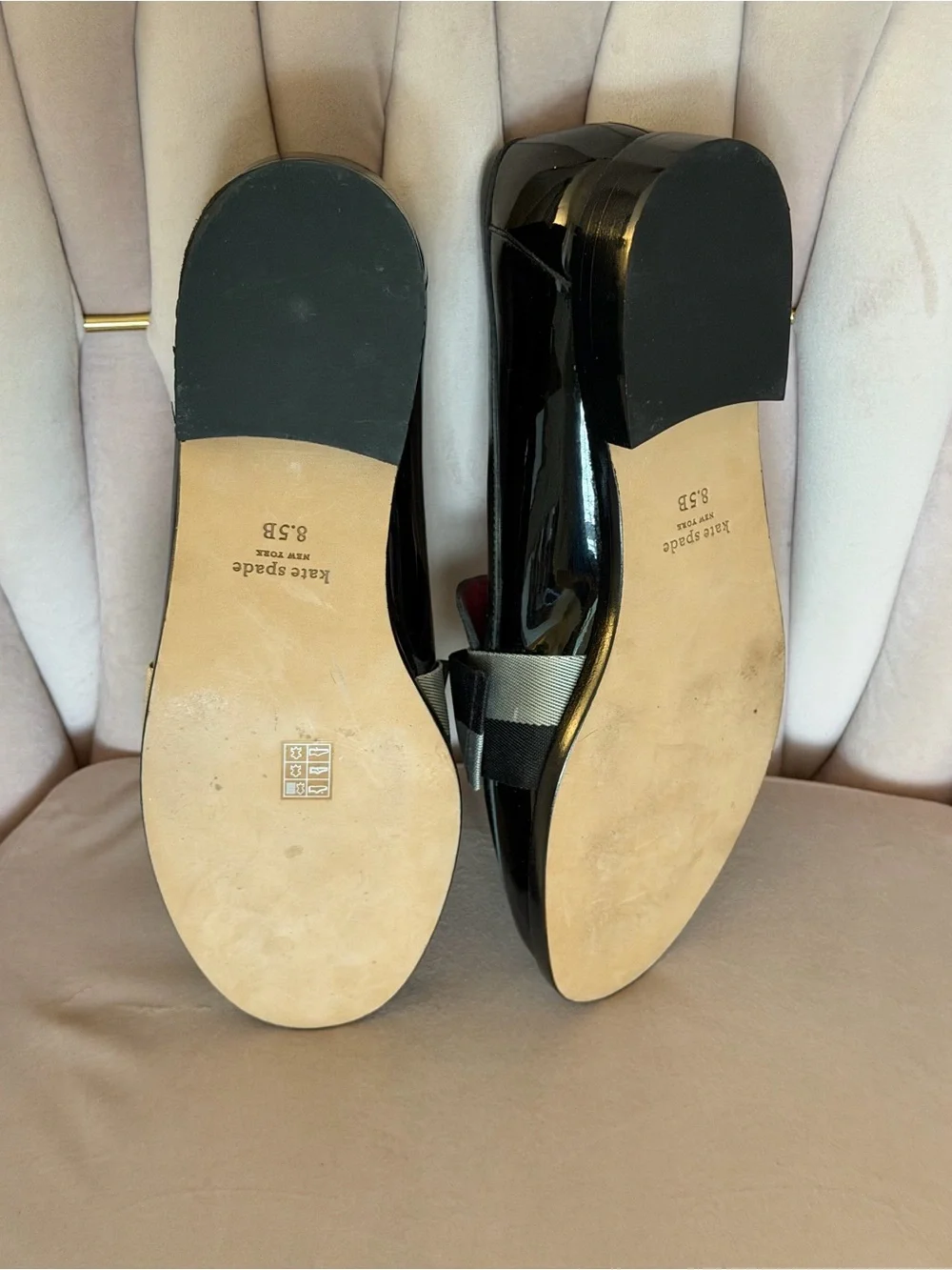 kate spade Leandra Black Patent Leather Loafers w/ Gray & Black Bow RETAIL $198